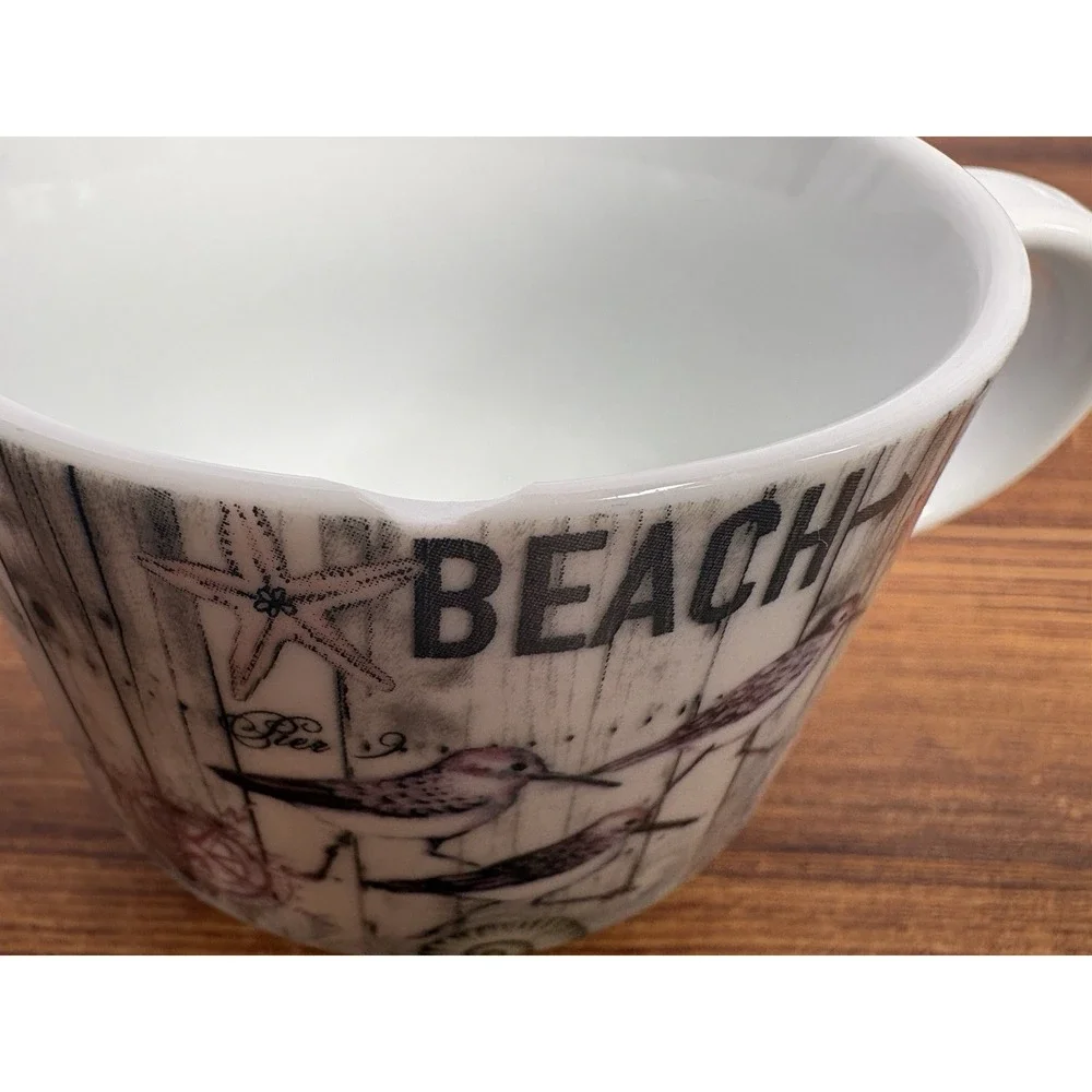 Pier 1 Coastal Nautical Mug Set w Metal Rack Beach Sea Bird Ceramic Cups